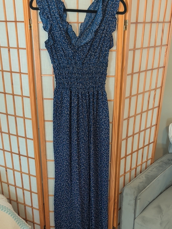 Max Studio Pants - Max Studio Navy Blue Floral Ruffle Jumpsuit